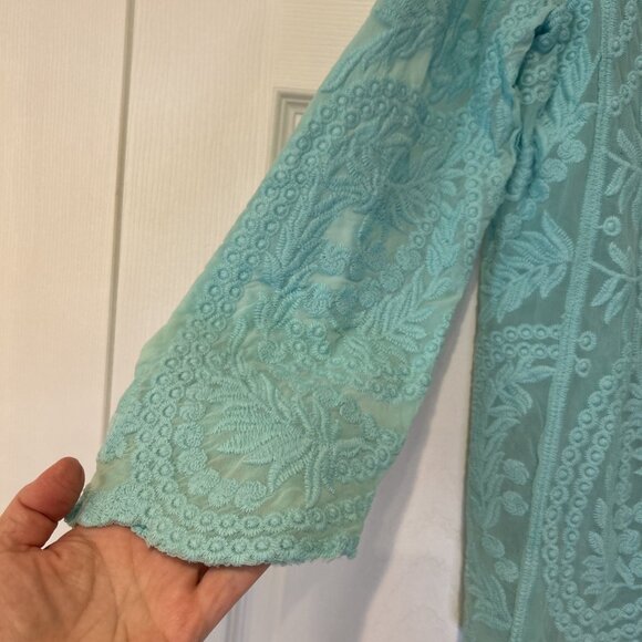 Soft Surroundings‎ Embroidered Floral Lace Sheer Top Blouse Aqua Blue Medium - Picture 7 of 8